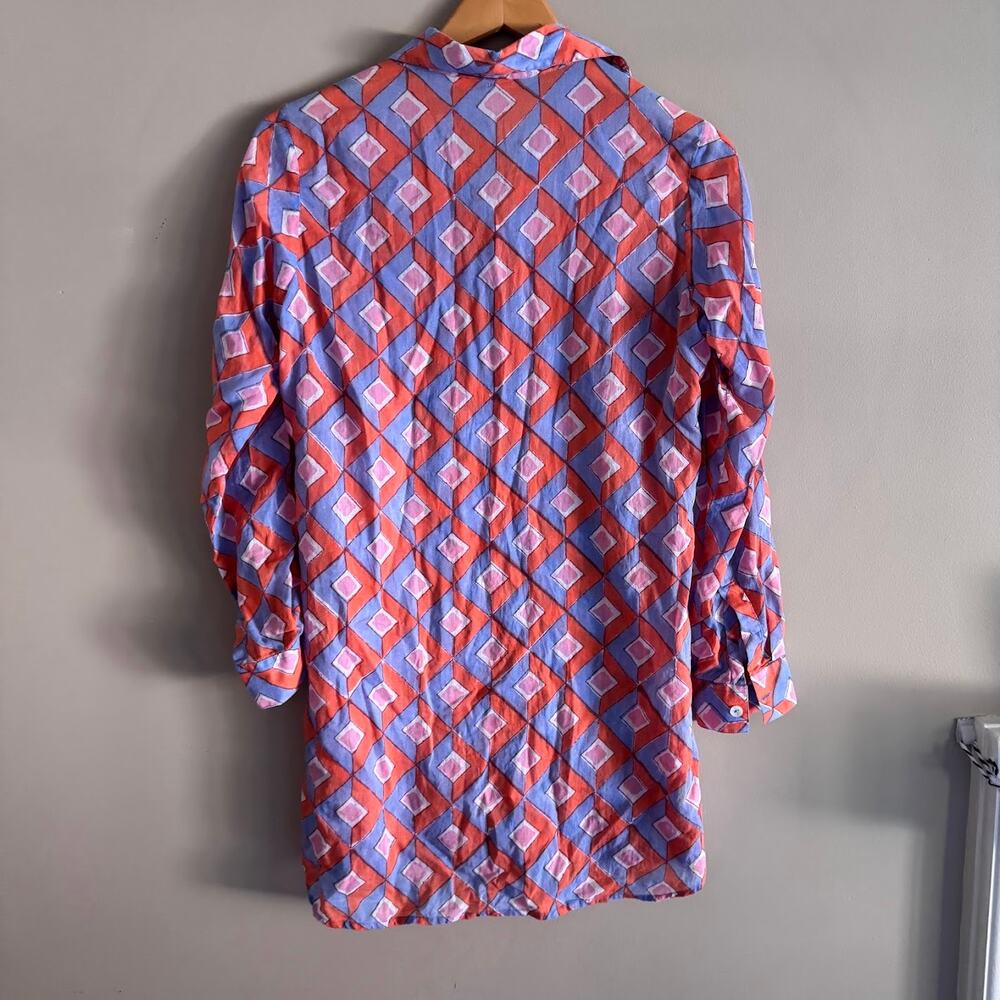OLIPHANT Pink Orange Chevron Print Button Up Collar Tunic Shirt Cover Up XS - Picture 6 of 6